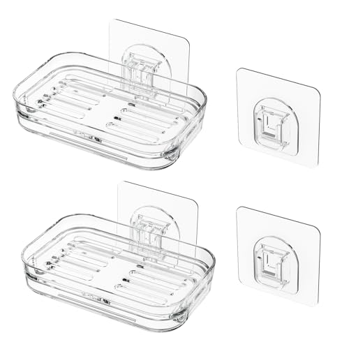 Self-Draining Soap Dish Holder 2 Pack - Wall Mounted, Clear Plastic