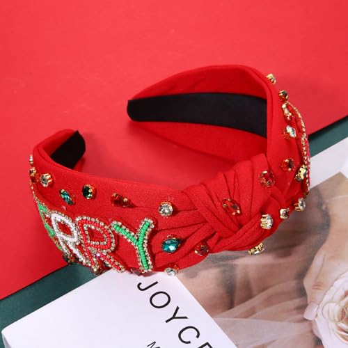 NVENF Plaid Christmas Headband with Pearls and Rhinestones, Red