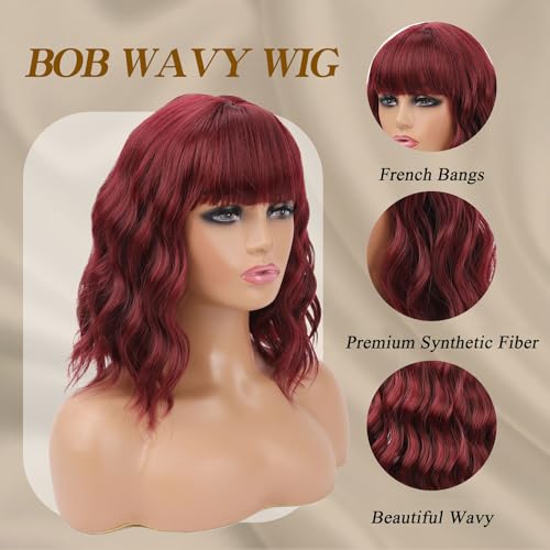 14 Inch Wine Red Short Wavy Wig with Bangs for Women - Synthetic Bob