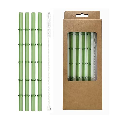 Bamboo Glass Straws Set - 4 Reusable Borosilicate Straws with Cleaning Brush