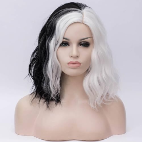 Cying Lin 14" Short Wavy Bob Wig - Black and White Synthetic Cosplay Wig