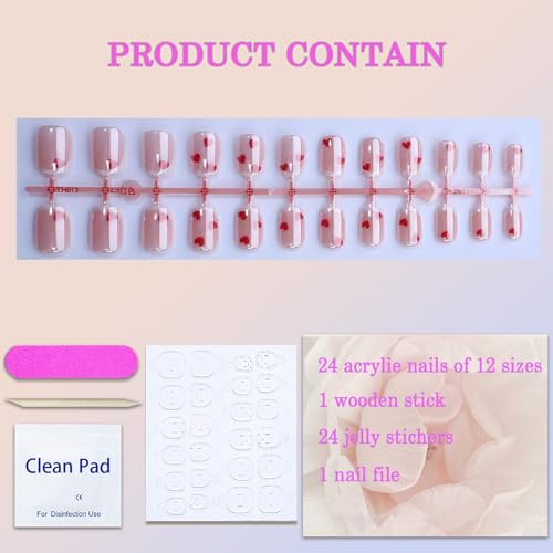 Valentine's Short Square Chrome Fake Nails with Heart Designs - 24Pcs Style 3