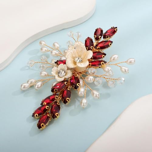Rumtock Wine Crystal Hair Clip with Pearl Beads for Women & Girls - Bridal Wedding Hair Jewelry