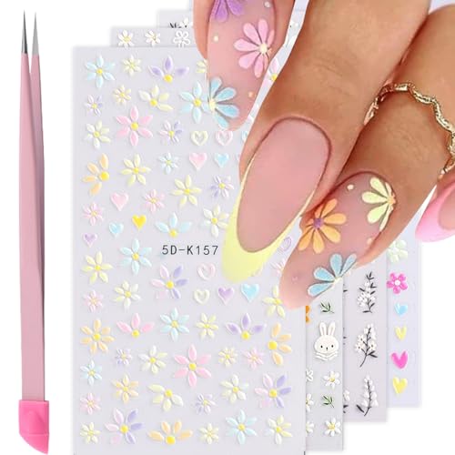 VOTACOS Flower Nail Stickers - 5D Embossed Floral Decals Set