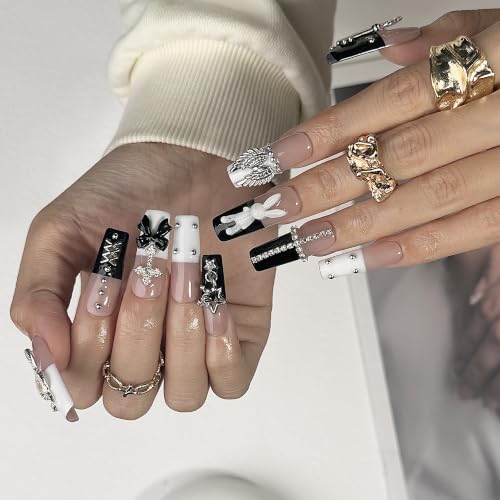 Y2K Kawaii Press-On Nails with Cross Bunny Charm - Size L