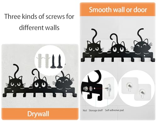 YXE Metal Key Holder Wall Mount with 8 Hooks - Cat Theme Organizer