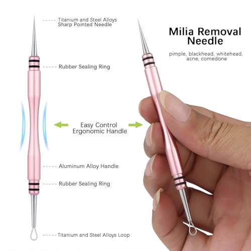 Pink Professional Facial Milia Blackhead Remover Tool Kit with Titanium Needle & Tweezers