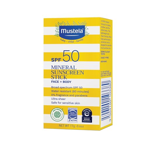 Mustela Baby Mineral Sunscreen Stick SPF 50 Broad Spectrum 0.6 oz - Fragrance-Free, Water-Resistant, Organic Ingredients