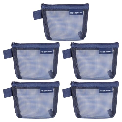 uxcell Dark Blue Mini Zipper Mesh Makeup Bag 3" x 5" - 5Pcs