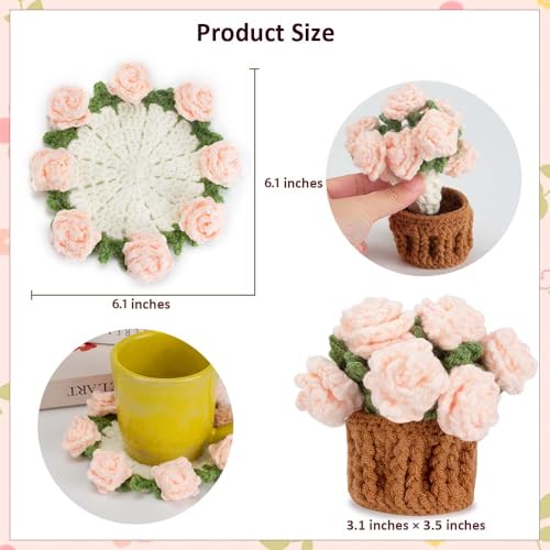 Handmade Crochet Pink Rose Coasters - Decorative Flower Design