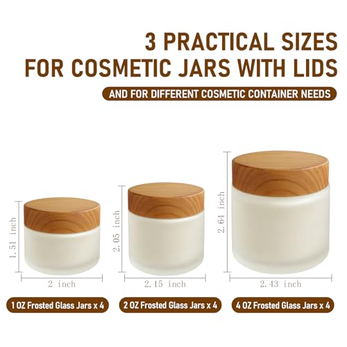12 Pack Frosted Glass Cosmetic Jars with Wood Grain Lids - 1oz, 2oz, 4oz