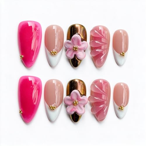 Medium Almond Press On Nails - Rose Gold 3D Flower & Gold Foil - 10PCS