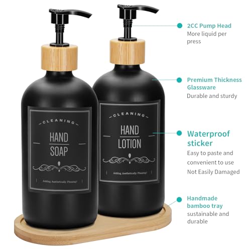 Black Glass Soap Dispenser Set with Bamboo Tray - 16 Oz, 2 Pack
