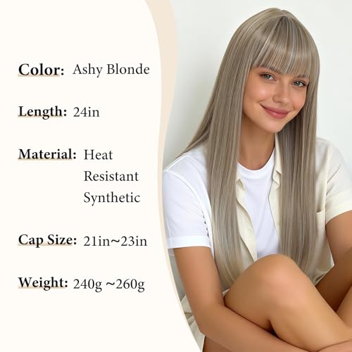24in Ashy Blonde Straight Wig with Bangs for Women - Bkiyyi