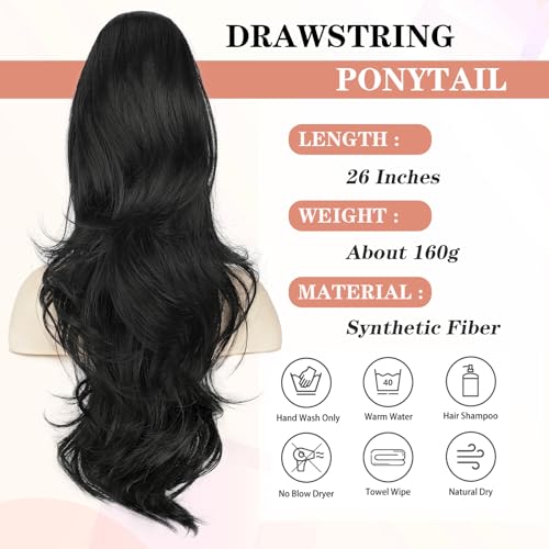BOGSEA 26'' Black Drawstring Ponytail Extension - Wavy Synthetic Hair