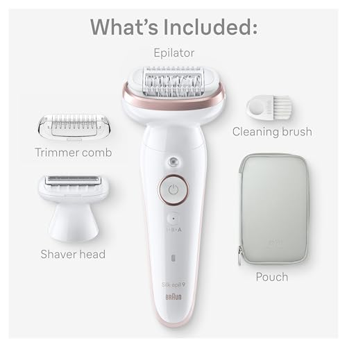 Braun Epilator Silk-?pil 9, Hair Removal Device, Women Shaver & Trimmer, Pivoting Head, Wet and Dry Epilator, Includes Shaver Head and Trimmer Comb, SES9-030