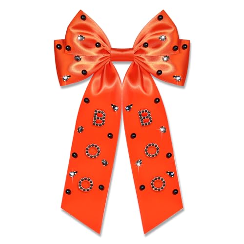 Large Halloween Hair Bow Clip - Pattern H Rhinestone Ghost & Pumpkin Ribbon