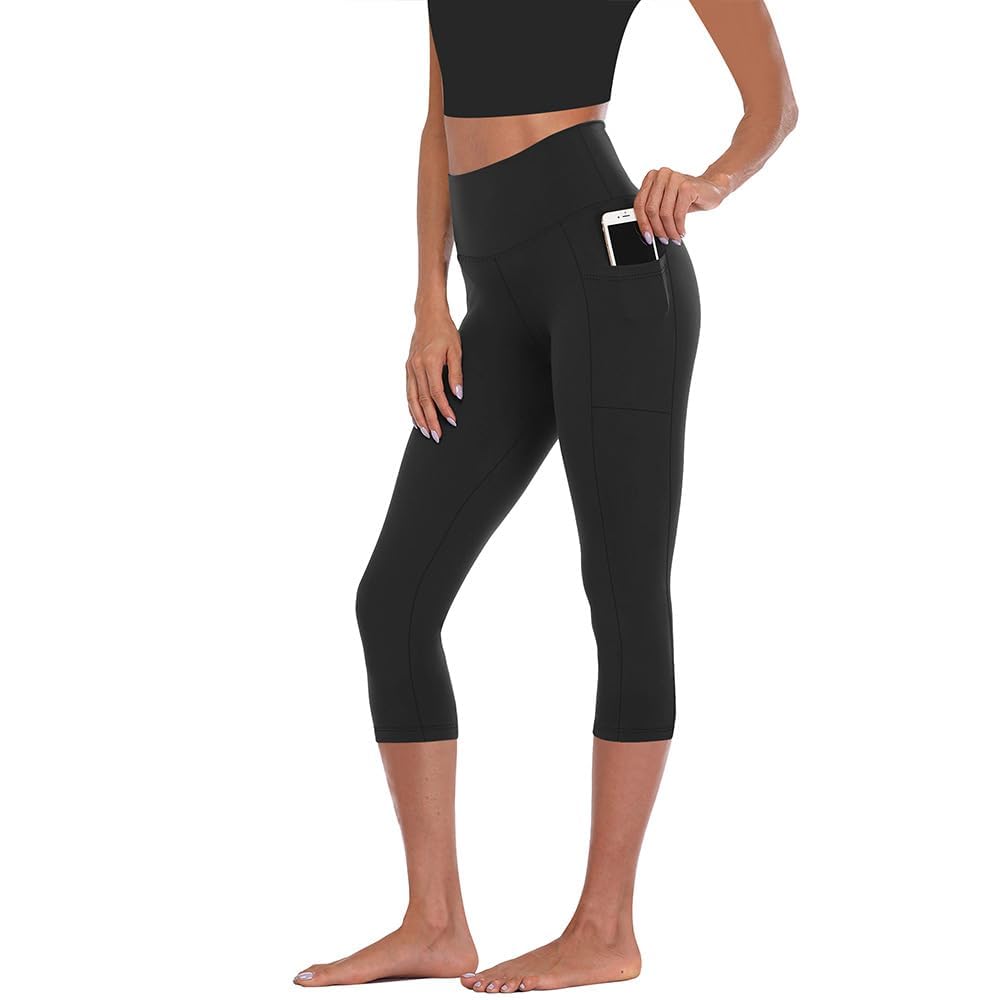 High Waist Yoga Pants Capri Leggings with Pockets, Tummy Control Workout Running Yoga Leggings for Women Black