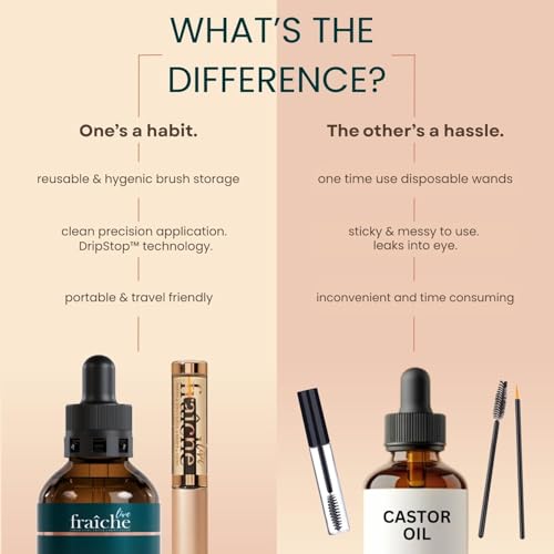 Live Fraiche Organic Castor Oil Lash Serum for Hair Growth, Eyebrow Eyelash Growth Serum, 100% Pure Cold Pressed Hexane Free (2oz Glass Bottle + FILLED Mascara Tube)