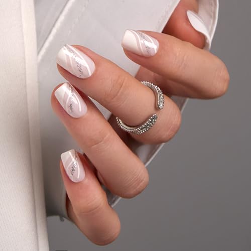 CurvLife Silver Whisper Short Gel Press On Nails Kit - Reusable Fake Nails with Glue & Tabs, Long-Lasting Square Manicure for Women