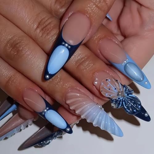 Sevgob Long Almond Press On Nails - Flower Charm Blue French Tips - Summer Fake Nails (4 Long Nails Variant)