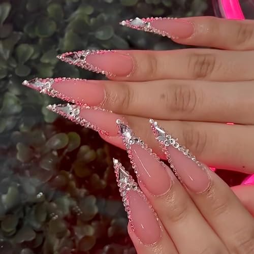 MISUD Long Stiletto Press-On Nails Nude with Bling Glitter 24 pcs - Model 05006-01Nude