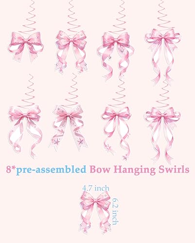 Pink Bow Happy Birthday Decorations Kit - Pre-Strung Banners & Swirls