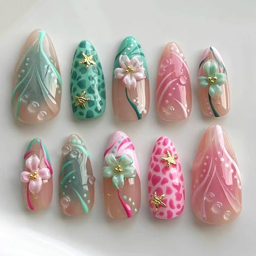 30pcs Almond Press On Nails with 3D Floral Design - DIY Manicure