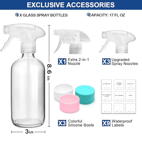 Walkinstin 17oz Glass Spray Bottles with Silicone Boots - 3 Pack