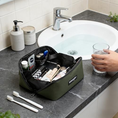 Wrangler Olive Travel Toiletry Bag for Men & Women, Large Capacity Waterproof Cosmetic Organizer with 4 Pockets & 180° Flat Design
