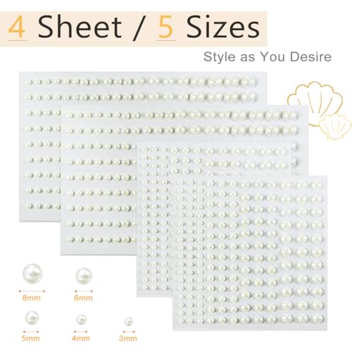 qiipii Beige White Flatback Pearls Stickers Self-Adhesive Jewelry for Nails Face Hair 3/4/5/6/8mm