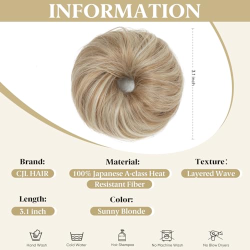 CJL HAIR 2PCs Small Cute Messy Bun Hair Piece for Thin Hair Women Mini Synthetic Curly Bun Scrunchies Updo Hairpieces Sunny Blonde