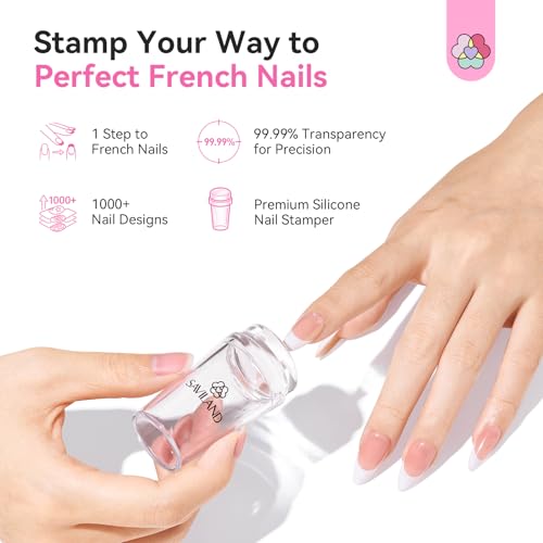 Saviland French Tip Nail Stamp: 4PCS Nail Art Stamper Kit Clear Silicone Nails Stamping Long & Short Jelly Stamper with Scrapers Nails Stamper Kit for French Manicure Home DIY Salon