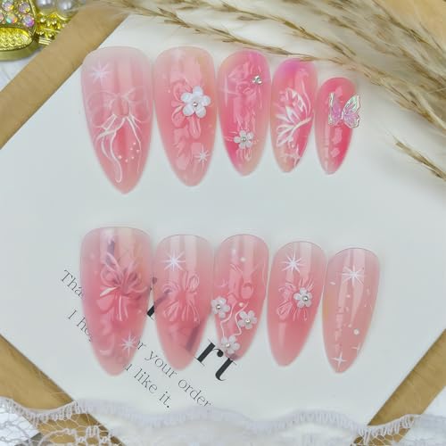GJJBQTT Pink7 3D Flower Press-On Nails with Butterfly & Bow Design, Medium Almond Fake Nails, Reusable for Women