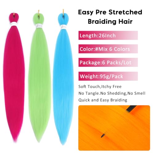 26 Inch Colorful Pre Stretched Braiding Hair Extensions - 6PCS Mix Colors