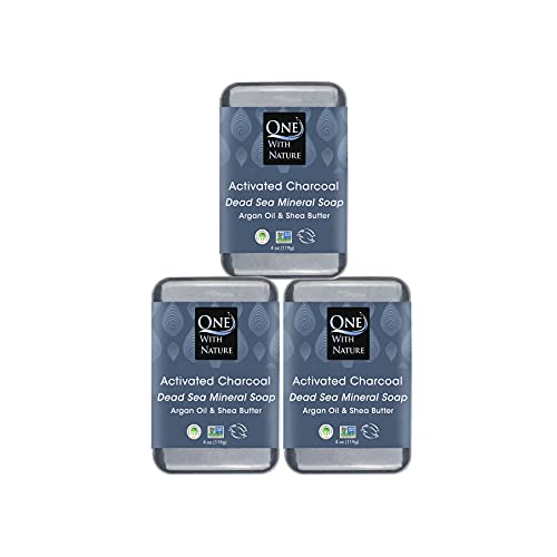 One With Nature Activated Charcoal Soap 4oz 3-Pack - Detoxifying Dead Sea Salt Bar
