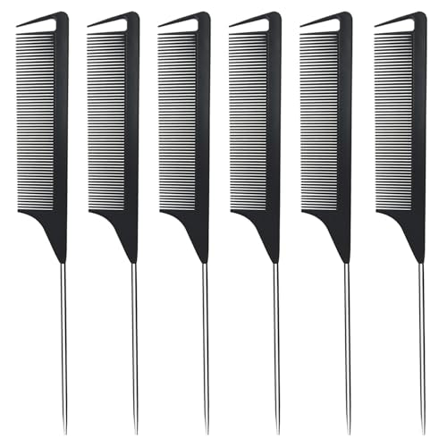 Rabetly Metal Carbon Fiber Rat Tail Comb Set - 6 Pcs for Styling