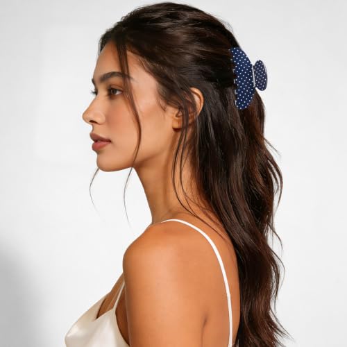 MAORULU Navy Blue Polka Dot Hair Claw Clip - 3 Inch Non-Slip for Thin & Medium Hair