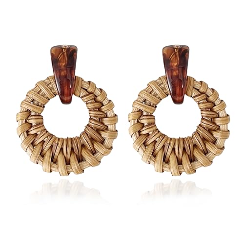 Handmade Bohemian Raffia Rattan Hoop Earrings for Women