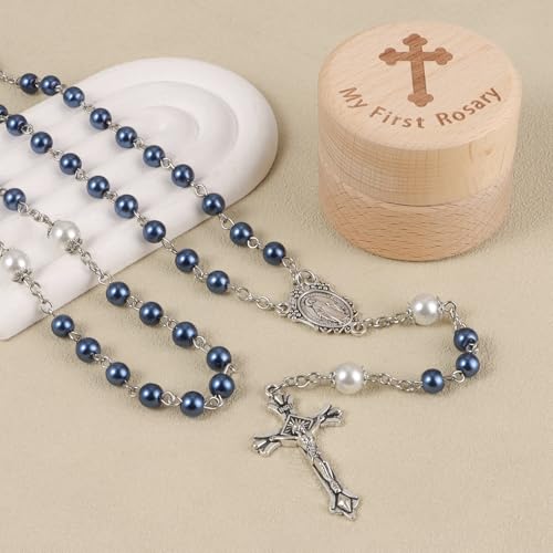 My First Rosary Baptism Gift Set with Wooden Keepsake Box - Blue