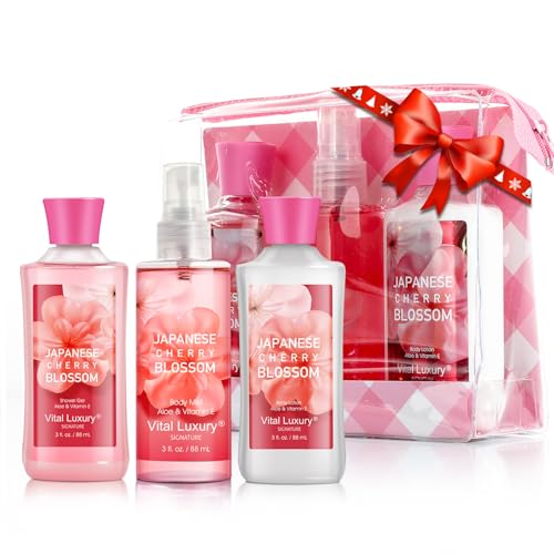Vital Luxury Japanese Cherry Blossom Bath & Body Travel Set with Lotion, Shower Gel & Fragrance Mist