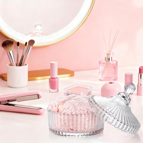 Pink & White Body Powder Puff Set with Glass Container - 6.5in