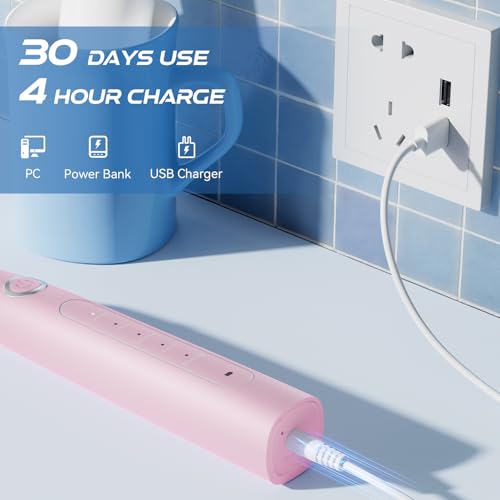 YUNCHI Pink Electric Toothbrush - 5 Modes, 40,000 VPM, 8 DuPont Heads, IPX7, 30-Day Battery, 2-Min Timer, Travel Case