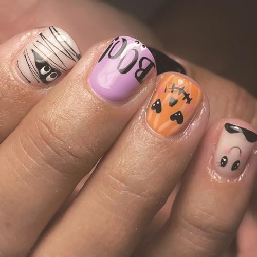 OFDNE Halloween Kit-2 Press on Nails Set - 144 Short Square Fake Nails with 6 Styles & Designs for Women & Girls