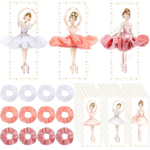 Ballet Hair Accessories Set - 48 Pink Velvet Scrunchies & Thank You Cards for Ballet Parties