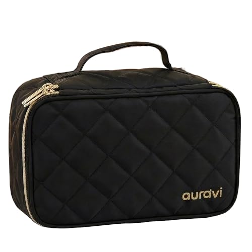 aura'vi Travel Makeup Bag with Mirror - Medium Black Cosmetic Organizer