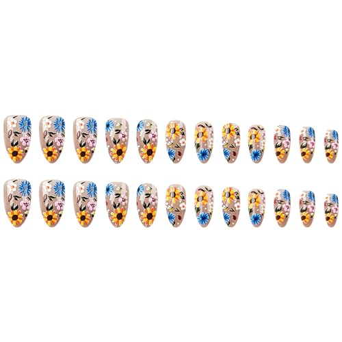 Dulyork 24 Pcs Medium Almond Flower Press On Nails - Spring Floral Designs