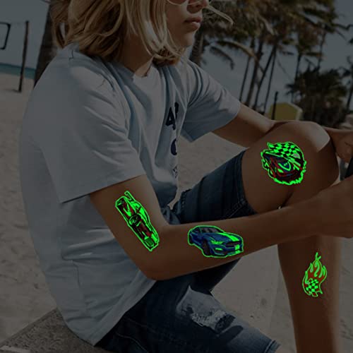 Glow in The Dark Race Car Tattoos for Kids – Waterproof & Removable, 24 Sheets
