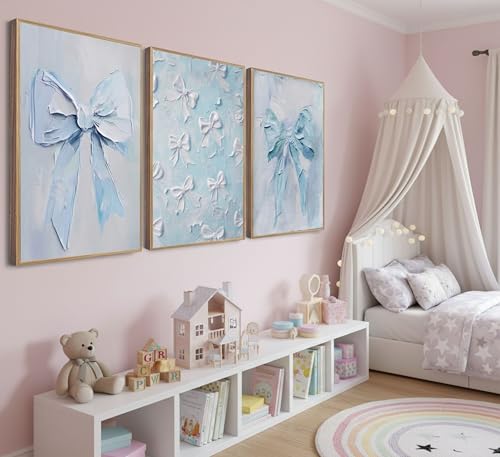 Trendy Blue Bow Wall Art Set - Unframed Canvas Prints