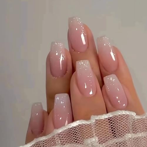 Medium Ombre Pink Press-On Nails - Glossy Glitter Full Cover Set